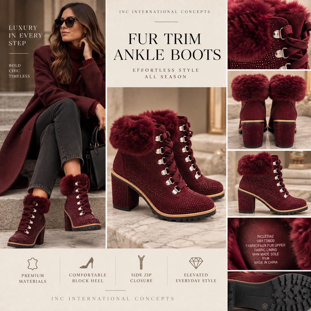 INC Lesia2 Boots Womens 8.5 Burgundy Excellent Rhinestone Faux Fur Lug Sole